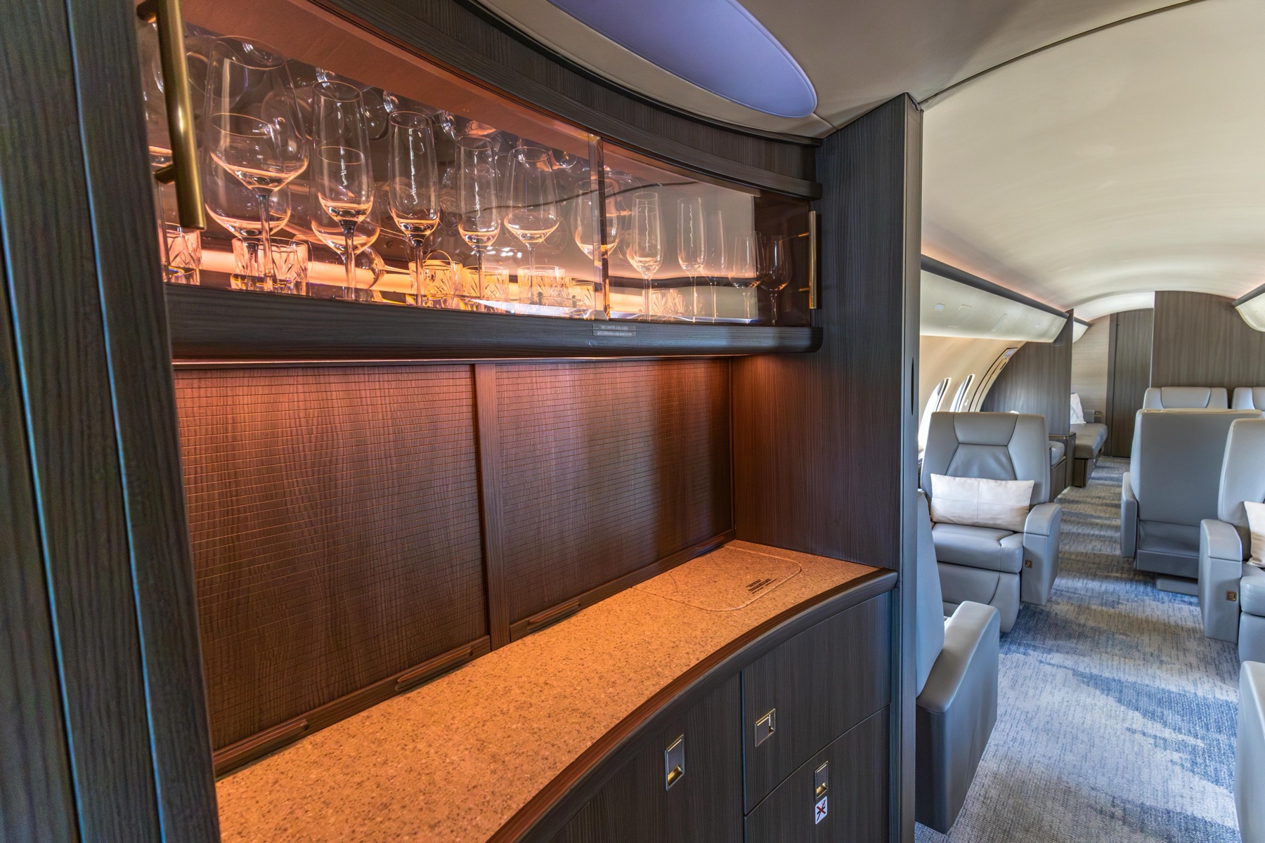 Bombardier Global 5000 cabin wet bar with crystal stemware